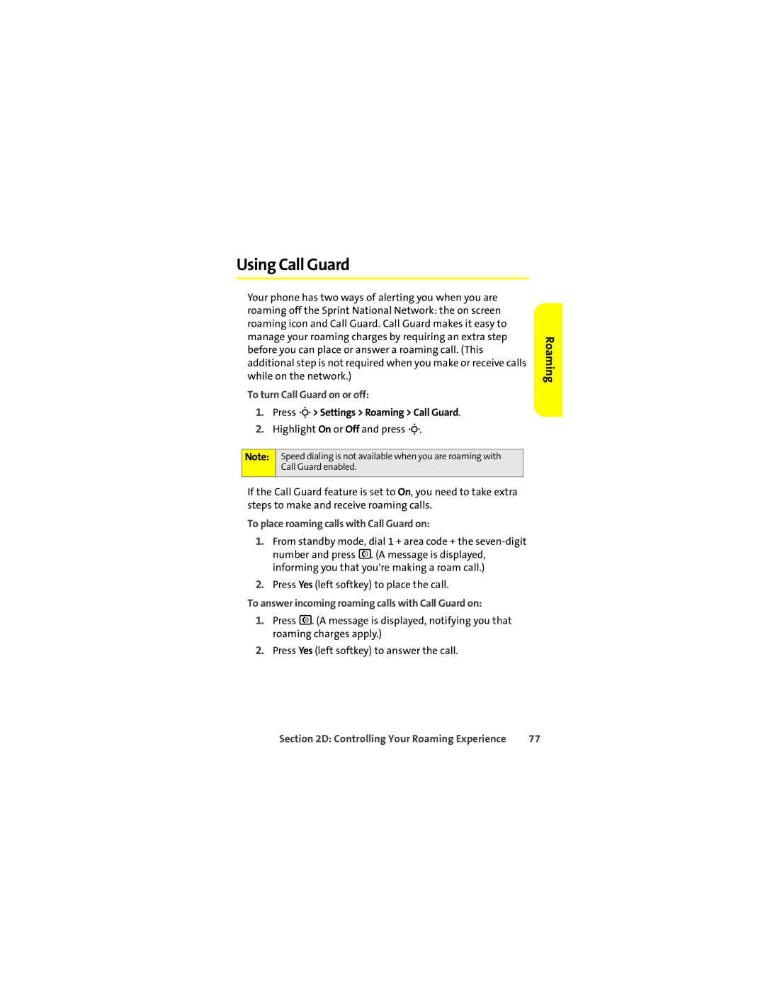 Motorola L7c manual Using Call Guard, To turn Call Guard on or off, Press M Settings Roaming Call Guard 