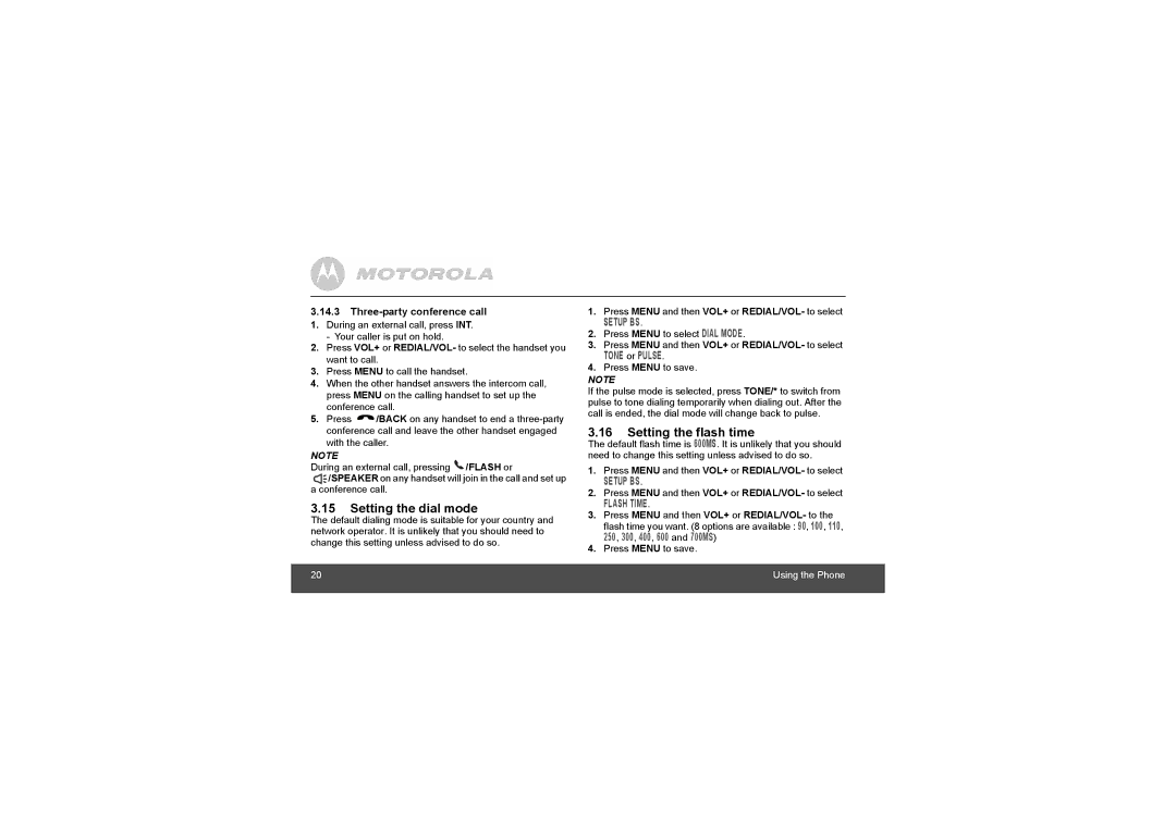 Motorola L804, L803, MOTO-L802 manual Setting the dial mode, Setting the flash time, Three-party conference call 