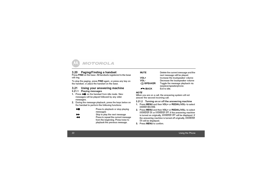 Motorola L803, L804, MOTO-L802 manual Paging/Finding a handset, Using your answering machine, Playing messages 