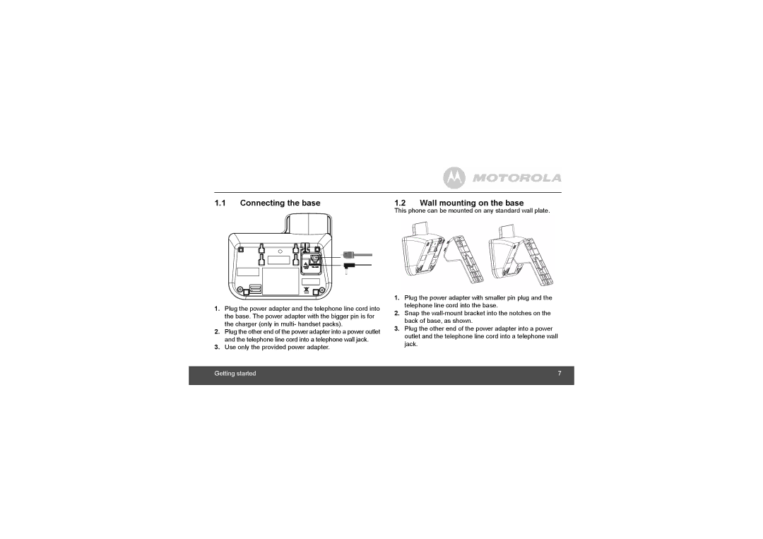 Motorola MOTO-L802, L804, L803 manual Connecting the base, Wall mounting on the base 