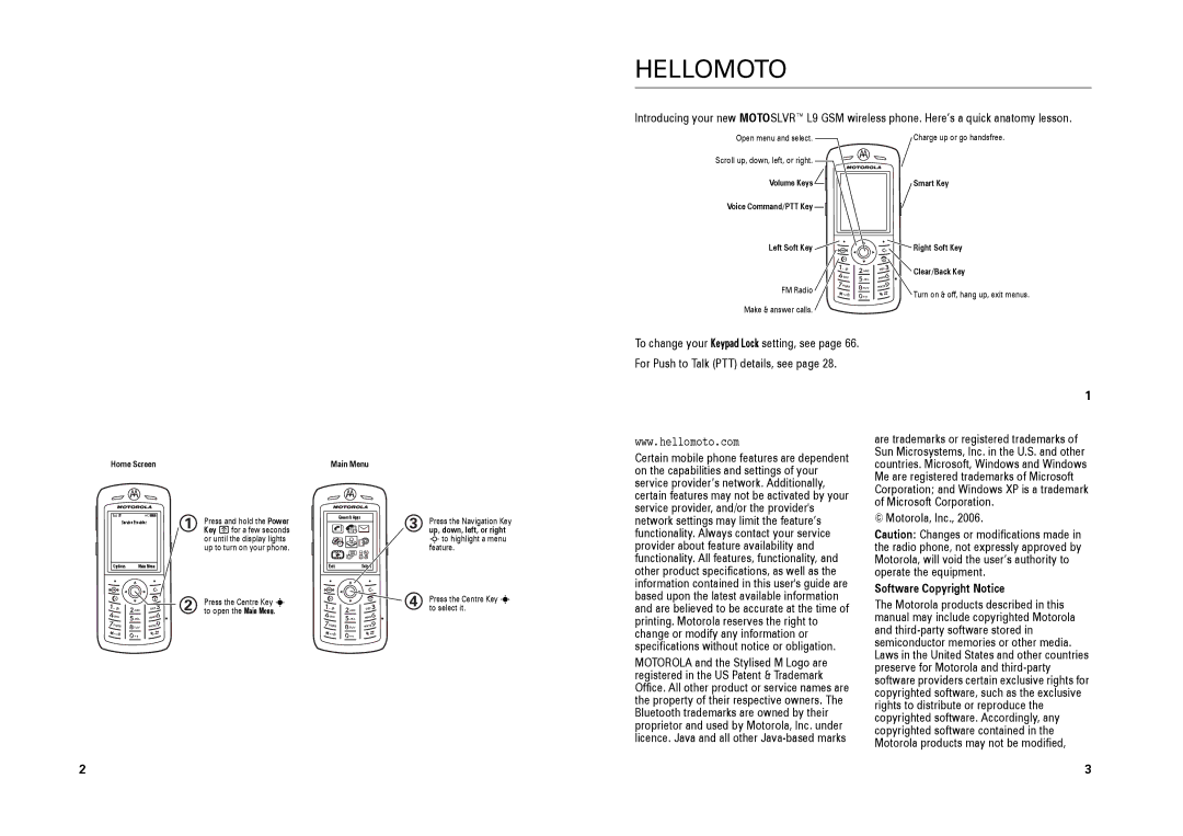 Motorola L9 specifications For Push to Talk PTT details, see, Motorola, Inc, Software Copyright Notice 