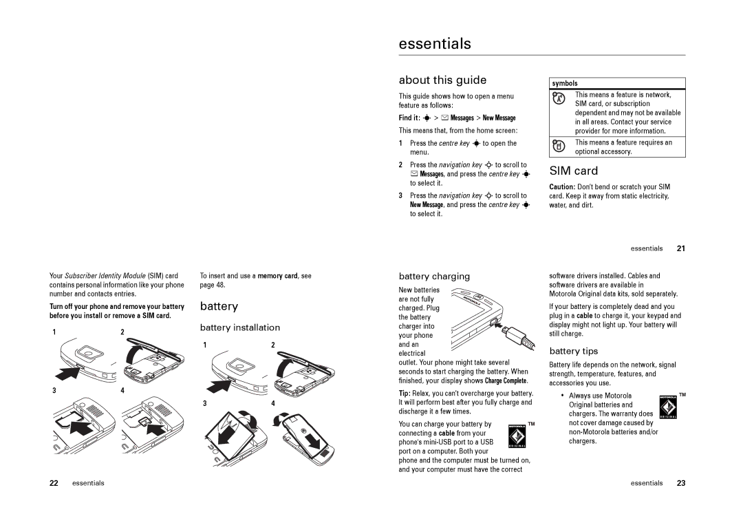 Motorola L9 specifications Essentials, About this guide, SIM card, Battery 