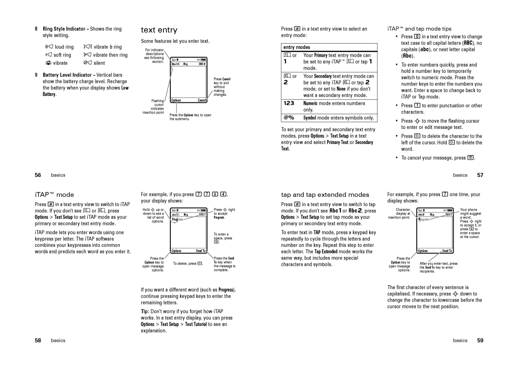 Motorola L9 specifications Text entry, ITAP mode, Tap and tap extended modes, Battery, ITAP and tap mode tips 