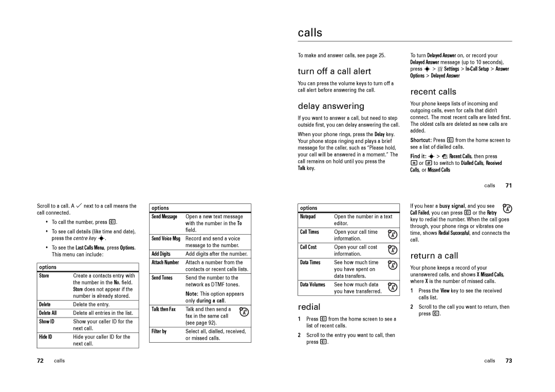 Motorola L9 specifications Calls 