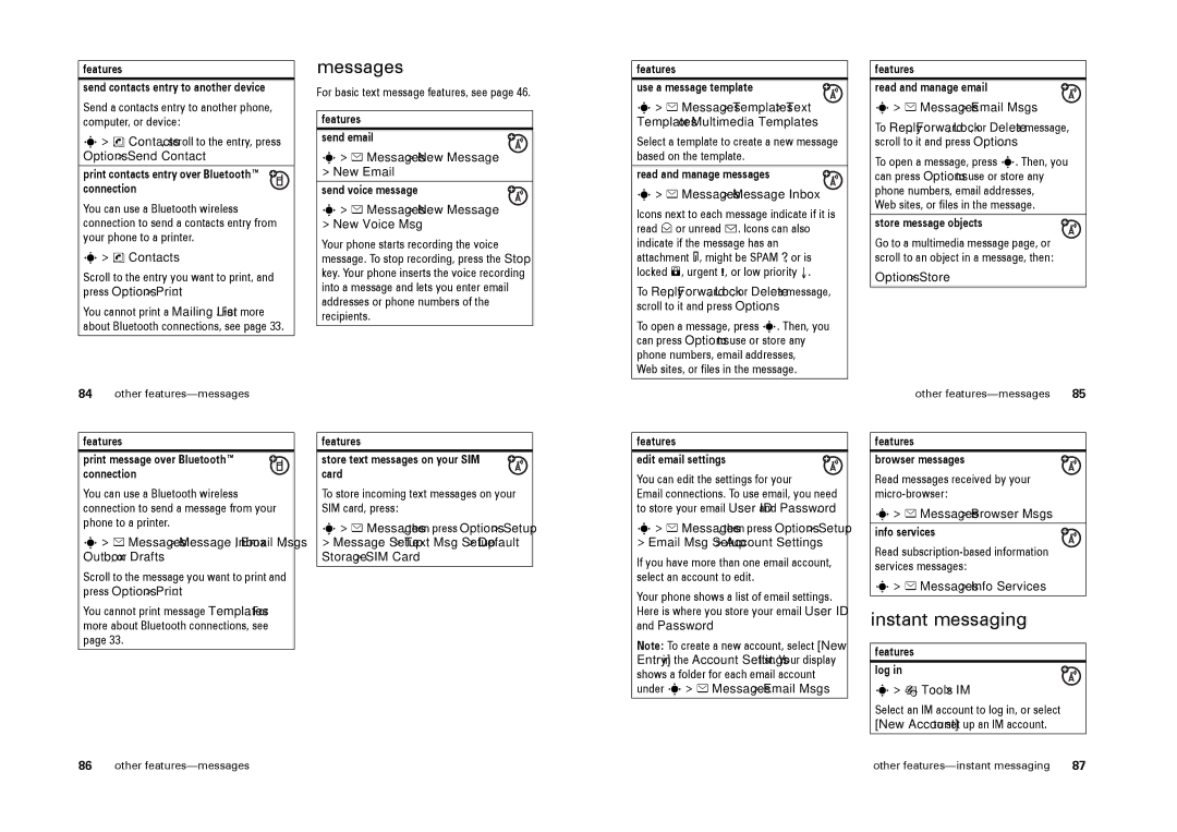 Motorola L9 specifications Messages, Instant messaging 