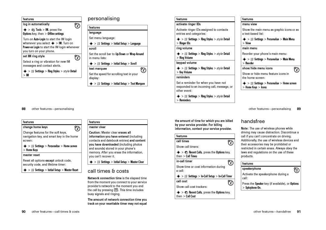 Motorola L9 specifications Personalising, Call times & costs, Handsfree 