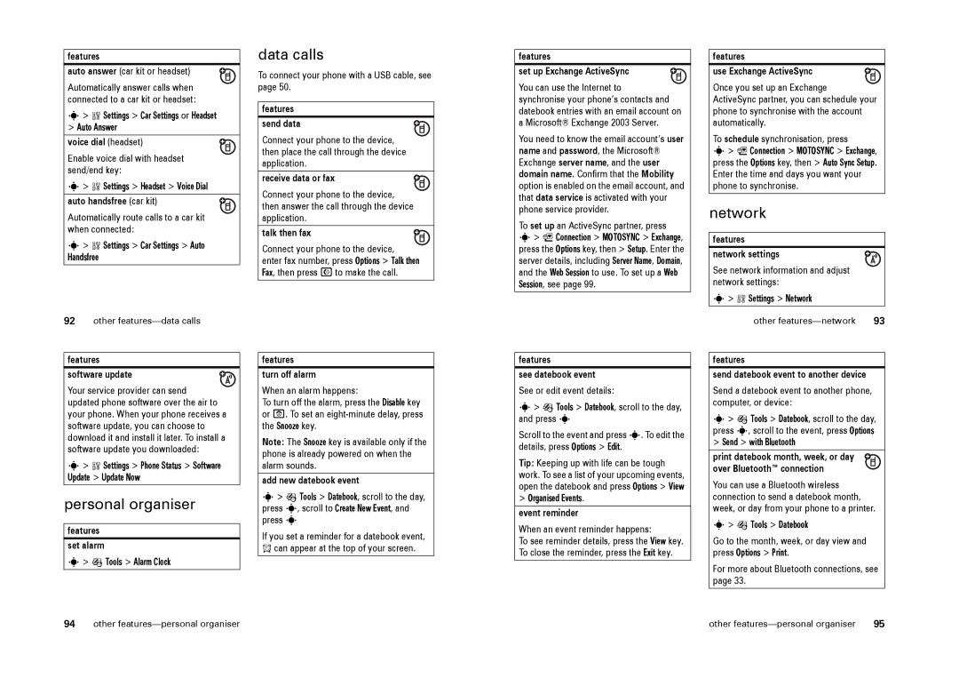 Motorola L9 specifications Data calls, Network, Personal organiser 