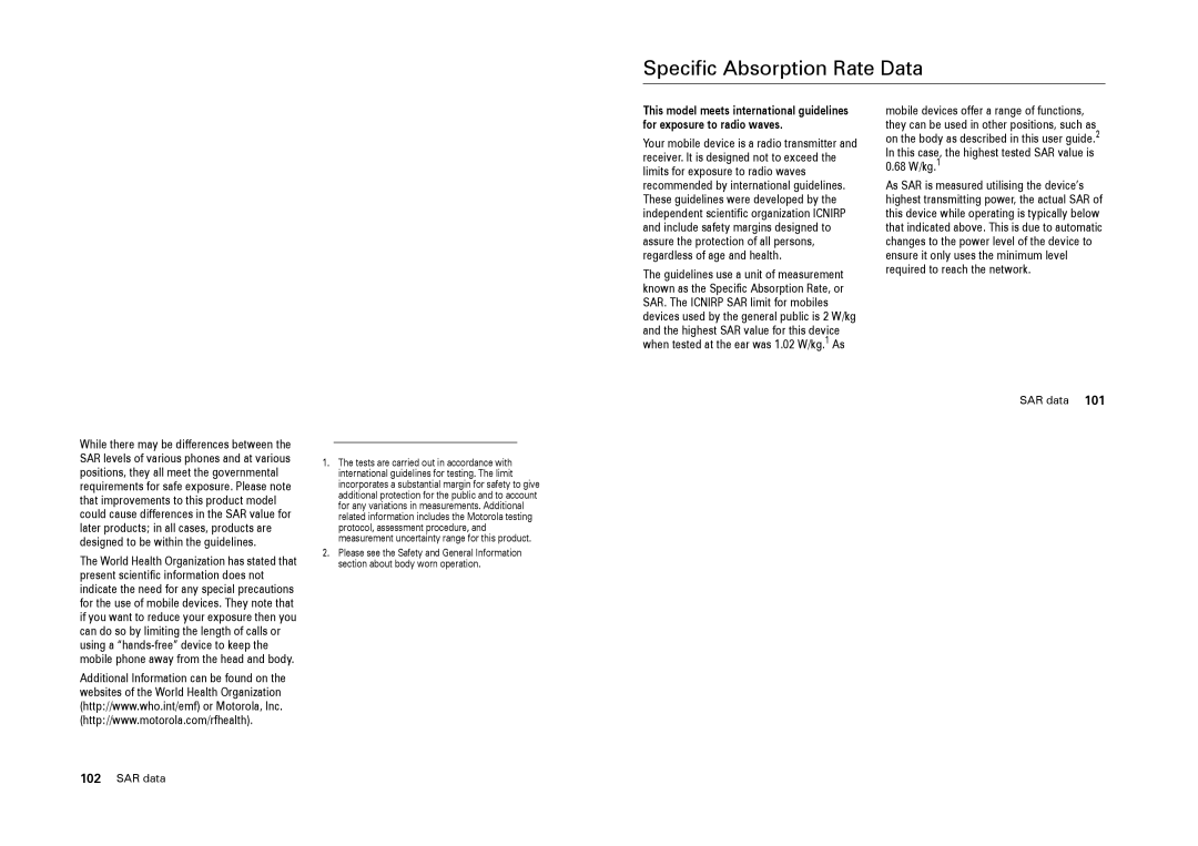 Motorola L9 specifications Specific Absorption Rate Data, SAR data 