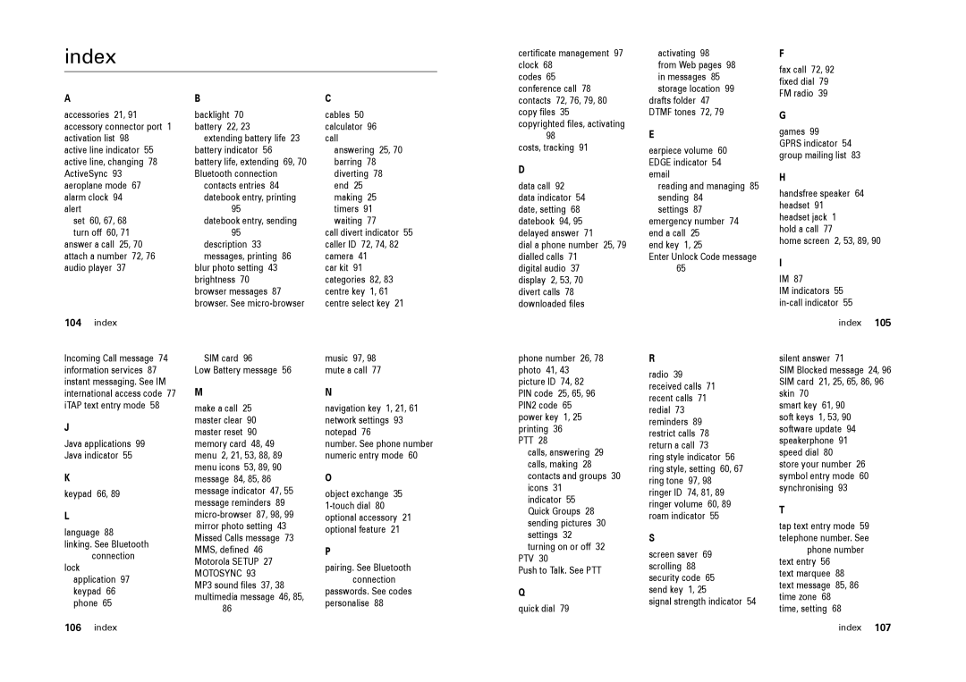 Motorola L9 specifications Index 