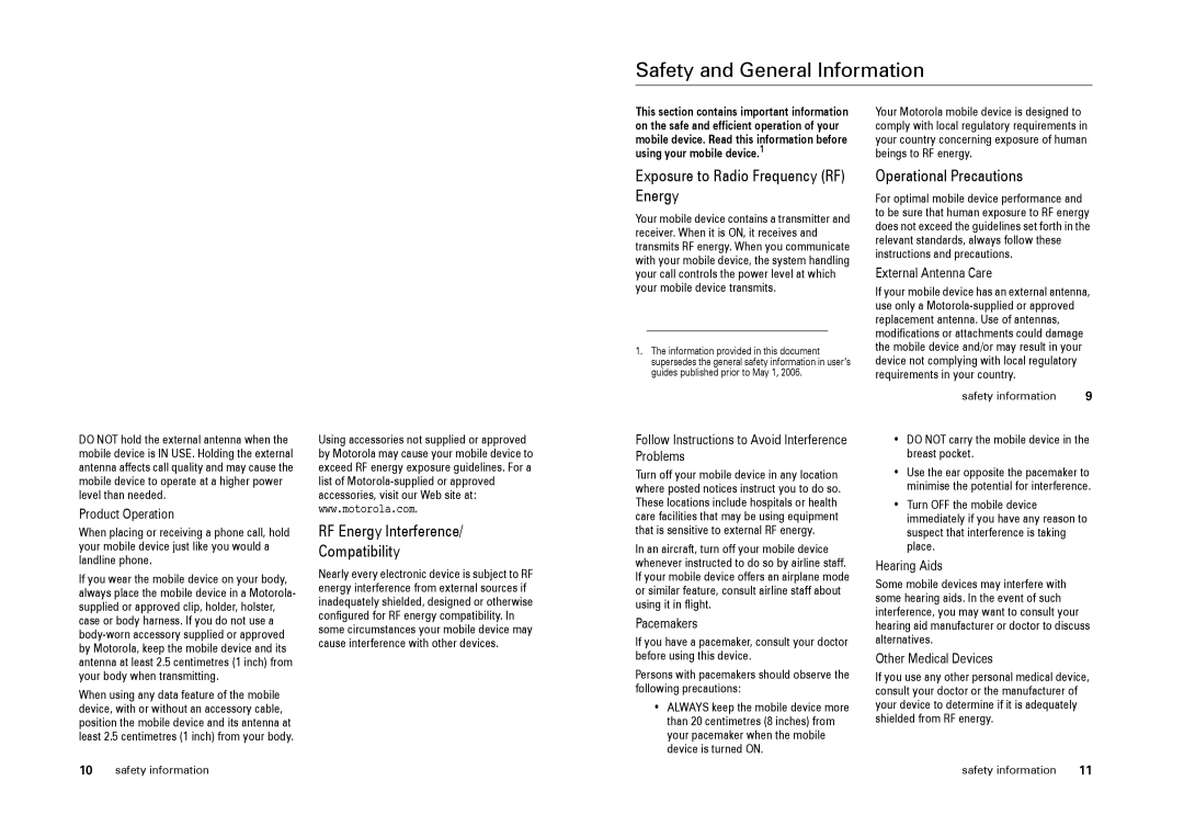 Motorola L9 specifications Safety and General Information, Exposure to Radio Frequency RF Energy, Operational Precautions 