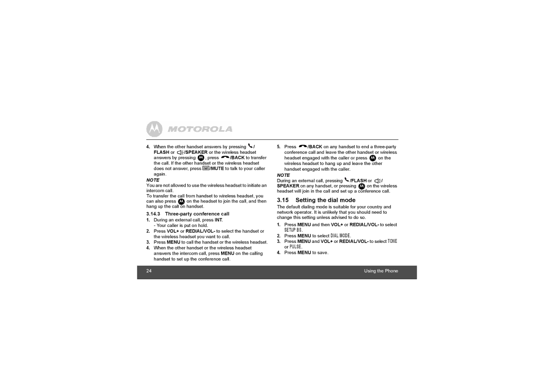 Motorola L903, L902 manual Setting the dial mode, Three-party conference call 