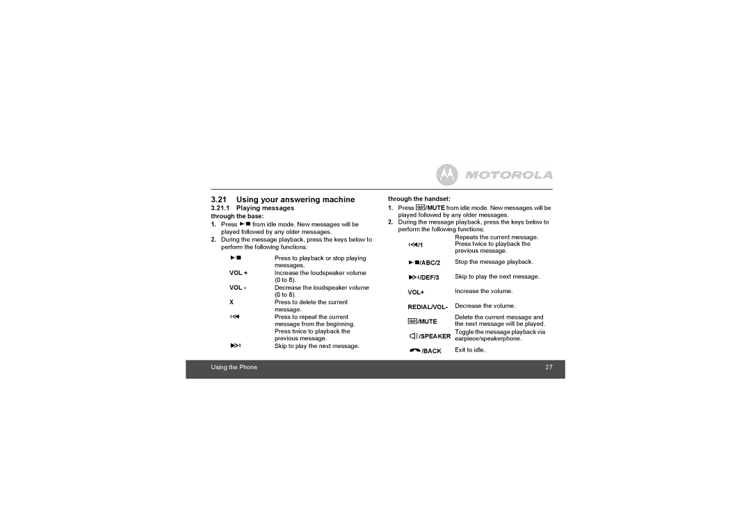 Motorola L902, L903 manual Using your answering machine, Playing messages through the base, ABC/2, DEF/3 