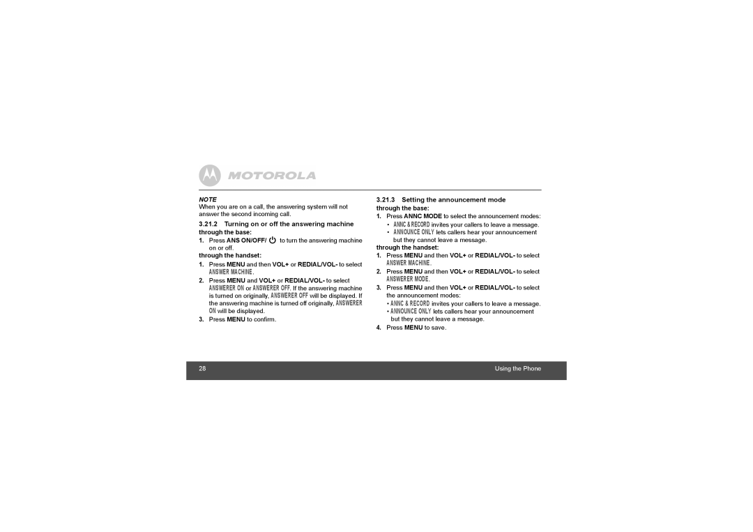 Motorola L903, L902 manual Turning on or off the answering machine through the base, On or off. through the handset 