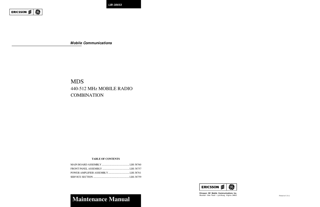 Motorola LBI-38653 manual Mds, Table of Contents 