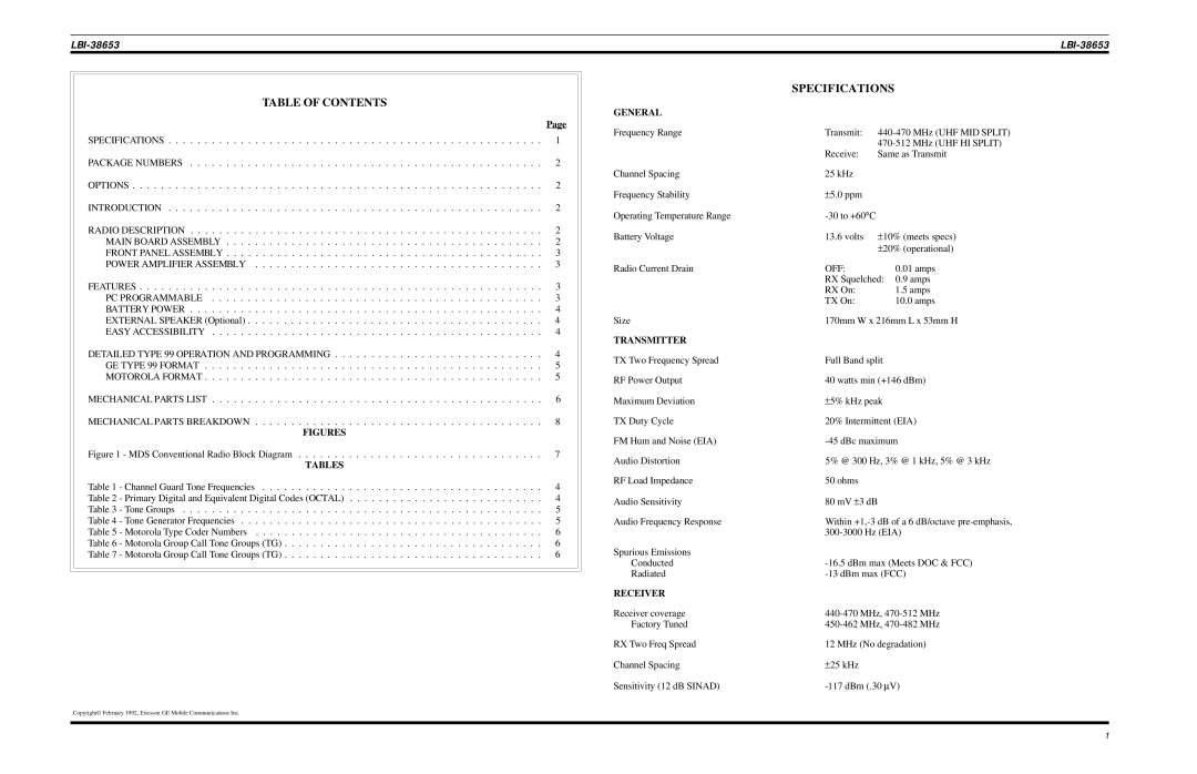 Motorola LBI-38653 manual Table of Contents, Specifications 