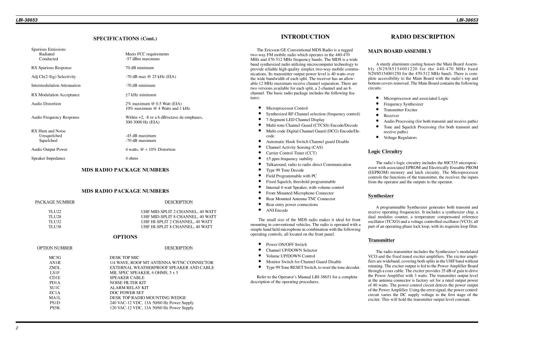 Motorola LBI-38653 manual Introduction, Radio Description, MDS Radio Package Numbers, Options, Main Board Assembly 