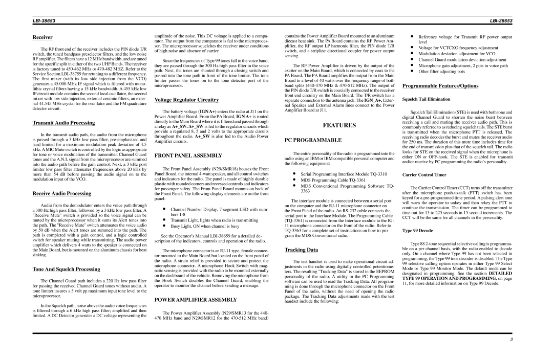 Motorola LBI-38653 manual Features, Front Panel Assembly, Power Amplifier Assembly, PC Programmable 