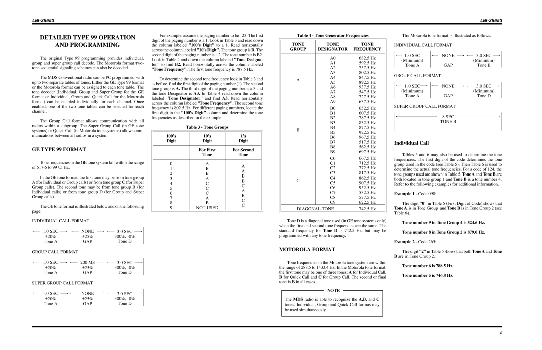 Motorola LBI-38653 manual Detailed Type 99 Operation, Programming, GE Type 99 Format, Individual Call, Motorola Format 