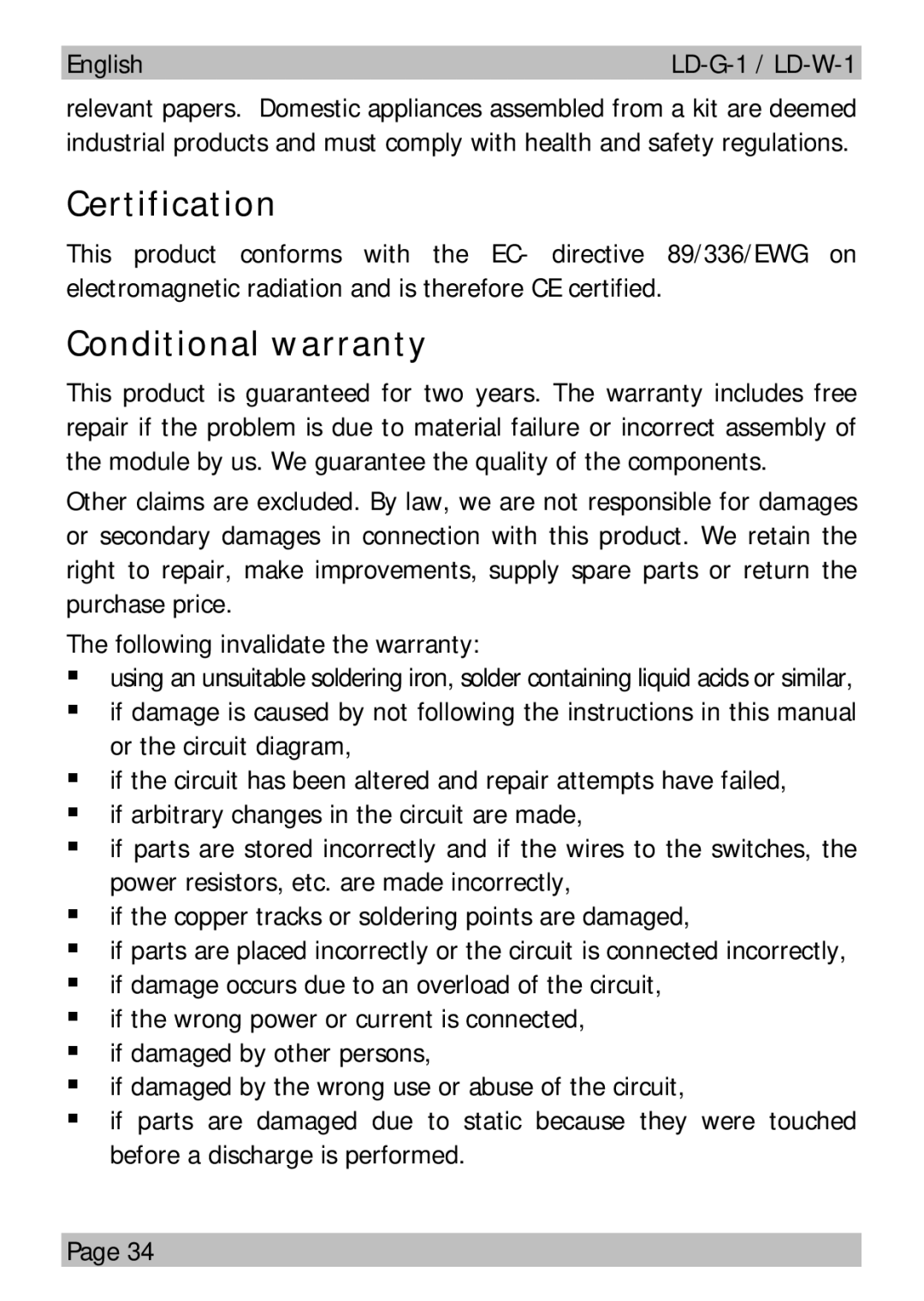 Motorola LD-W-1 manual Certification, Conditional warranty 