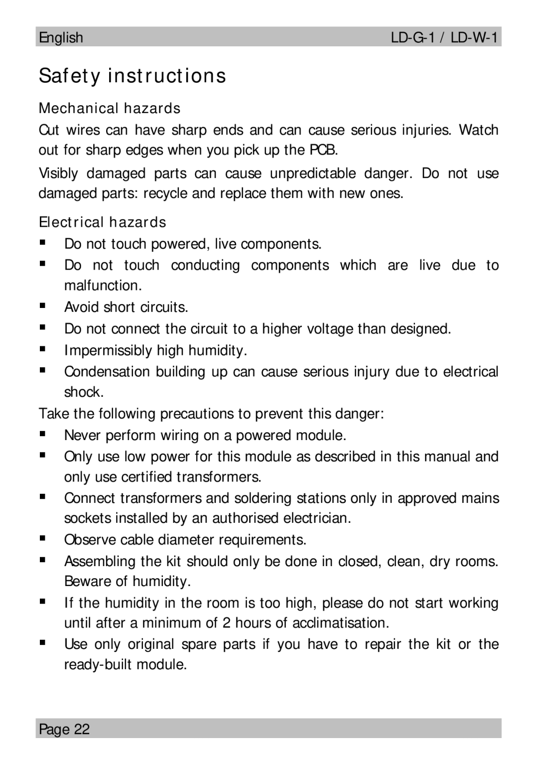 Motorola LD-W-1 manual Safety instructions, Mechanical hazards, Electrical hazards 