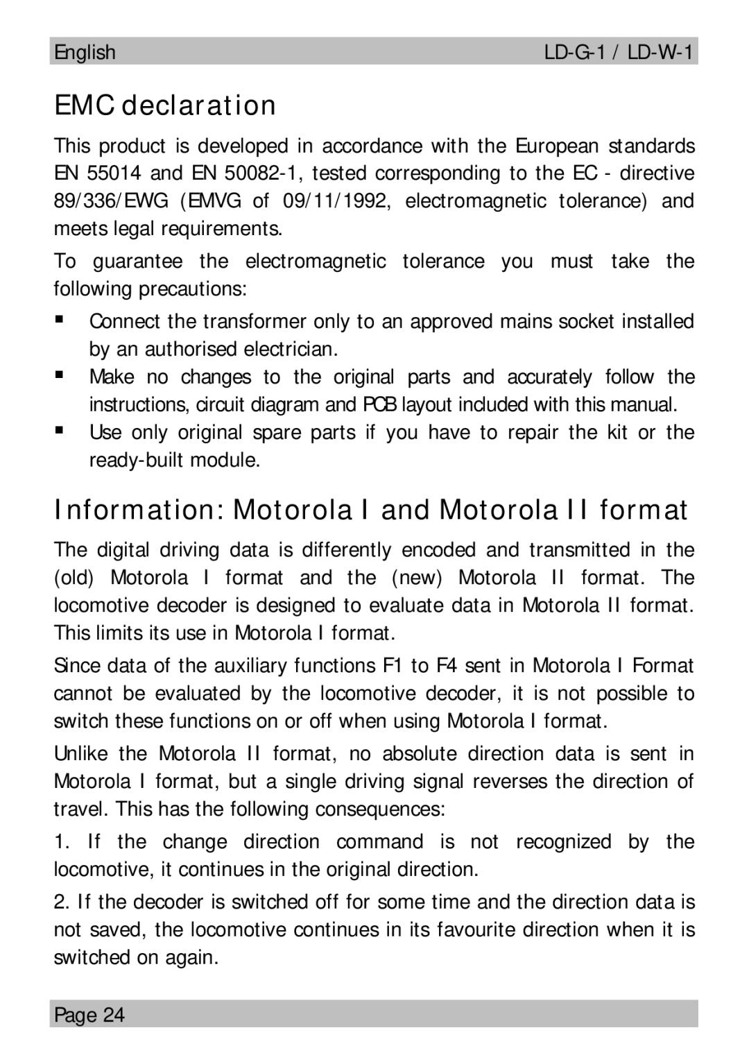 Motorola LD-W-1 manual EMC declaration, Information Motorola I and Motorola II format 