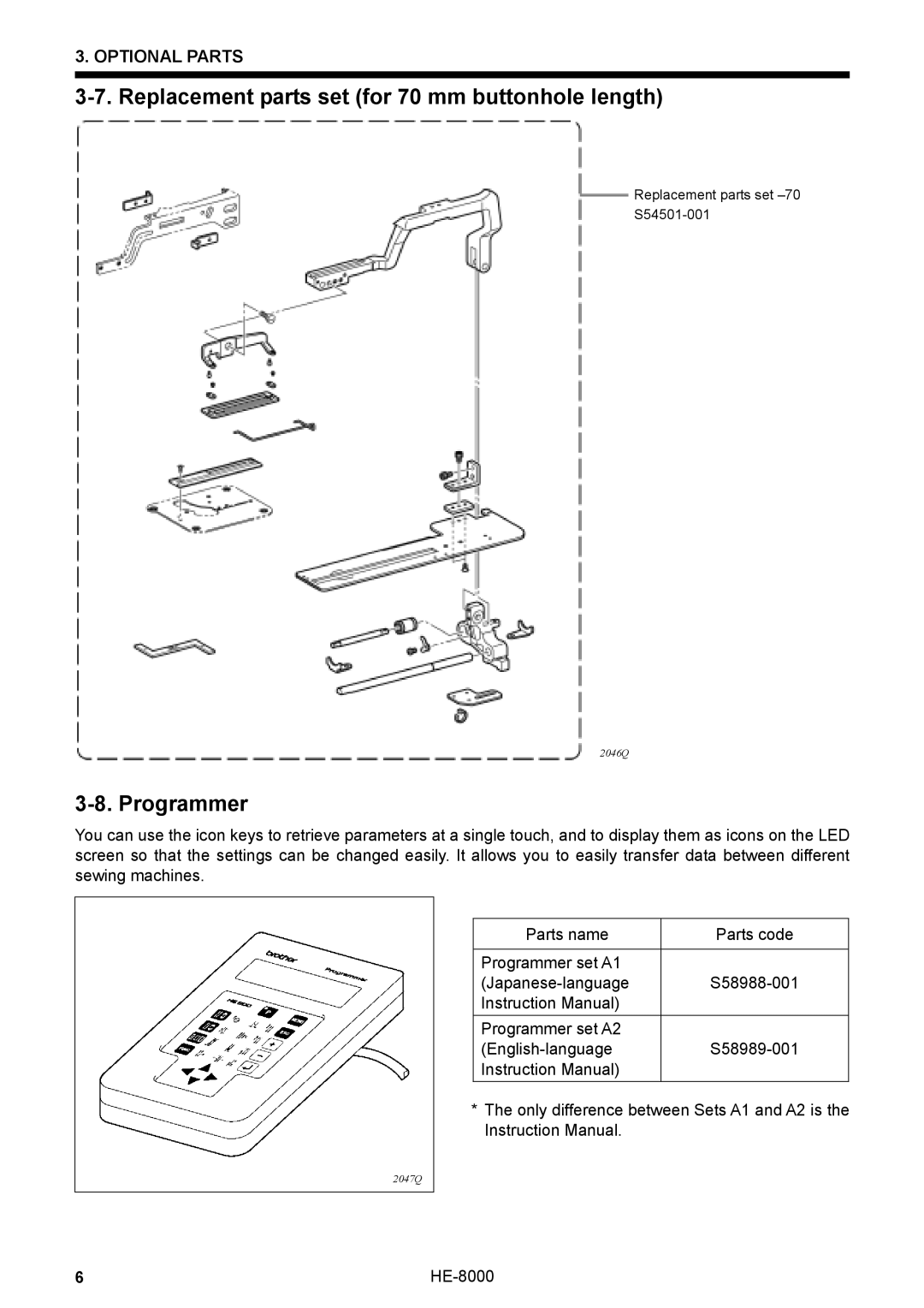 Motorola HE-8000 I, LH4-B800E instruction manual Replacement parts set for 70 mm buttonhole length, Programmer 