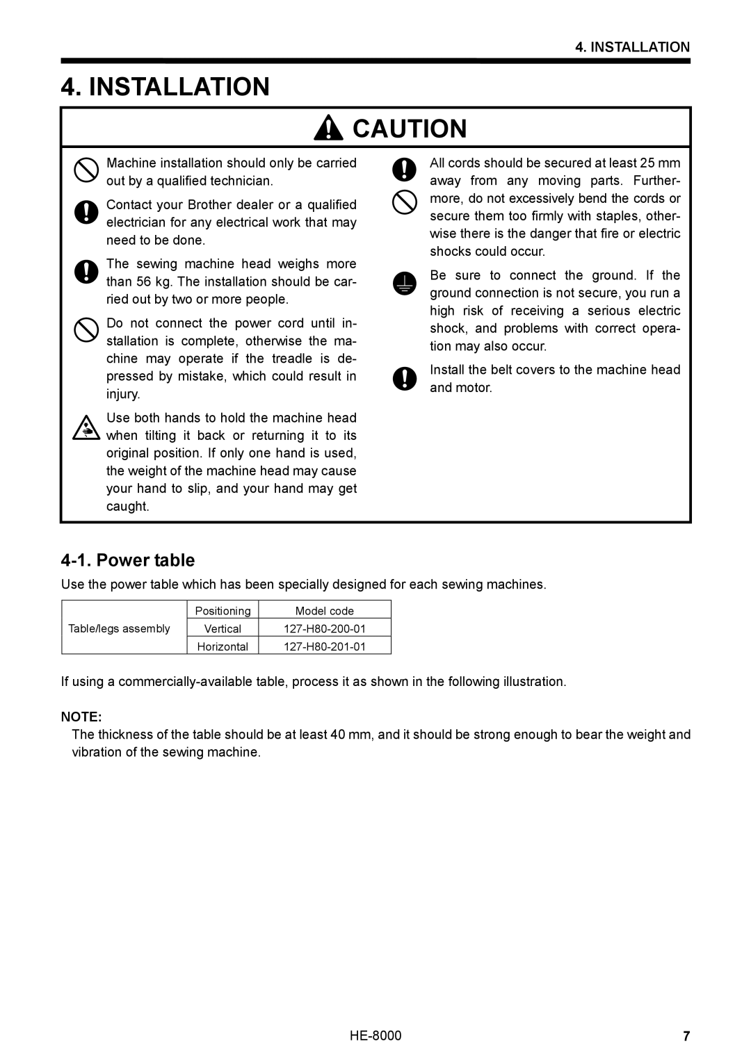 Motorola LH4-B800E, HE-8000 I instruction manual Installation, Power table 