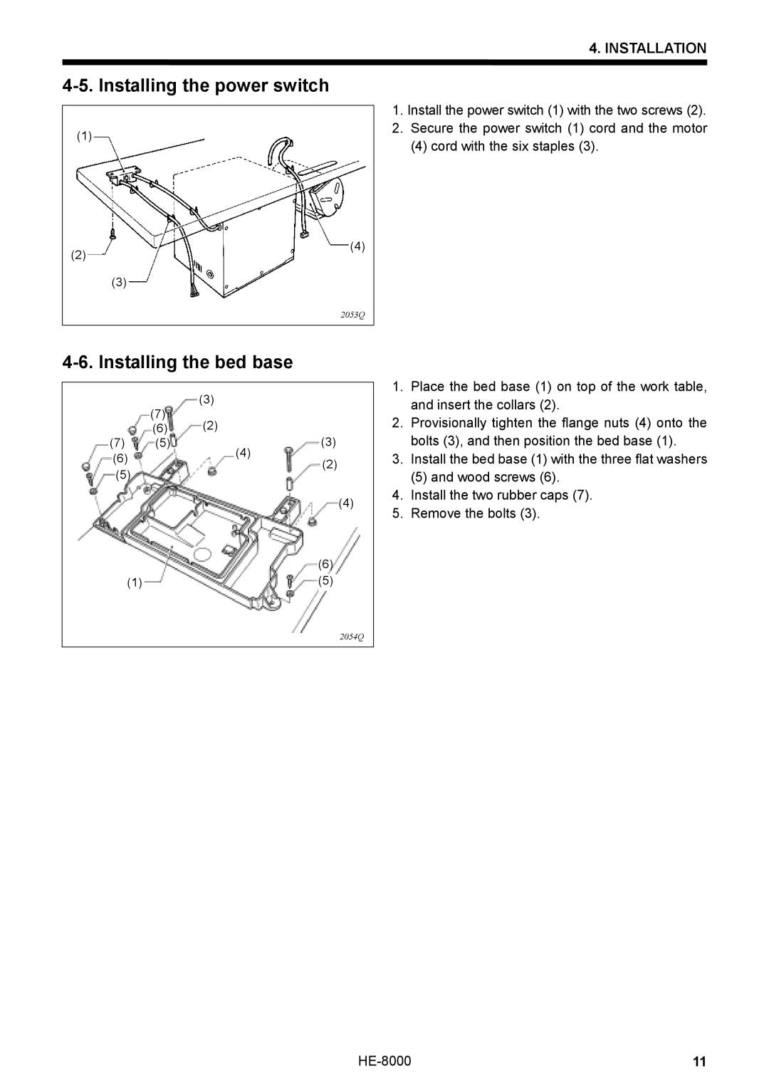 Motorola LH4-B800E, HE-8000 I instruction manual Installing the power switch, Installing the bed base 