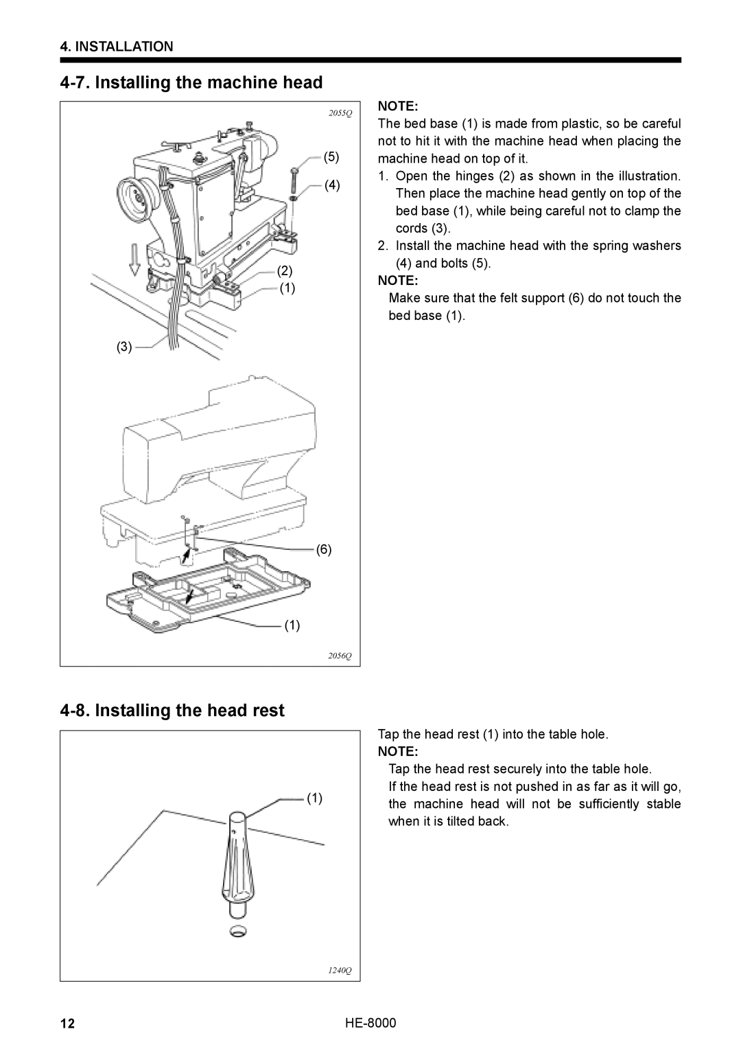 Motorola HE-8000 I, LH4-B800E instruction manual Installing the machine head, Installing the head rest 