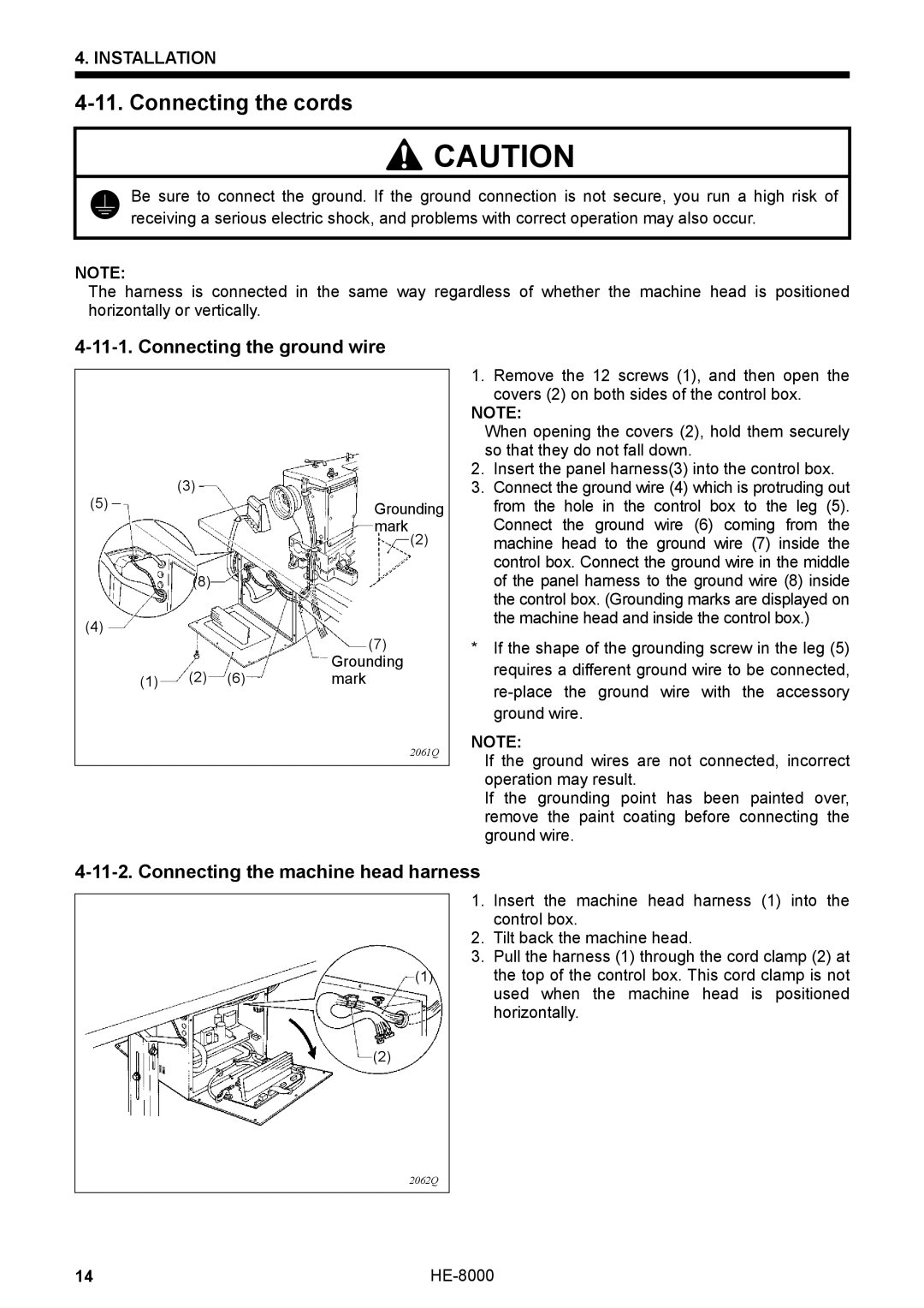 Motorola LH4-B800E, HE-8000 I Connecting the cords, Connecting the ground wire, Connecting the machine head harness 