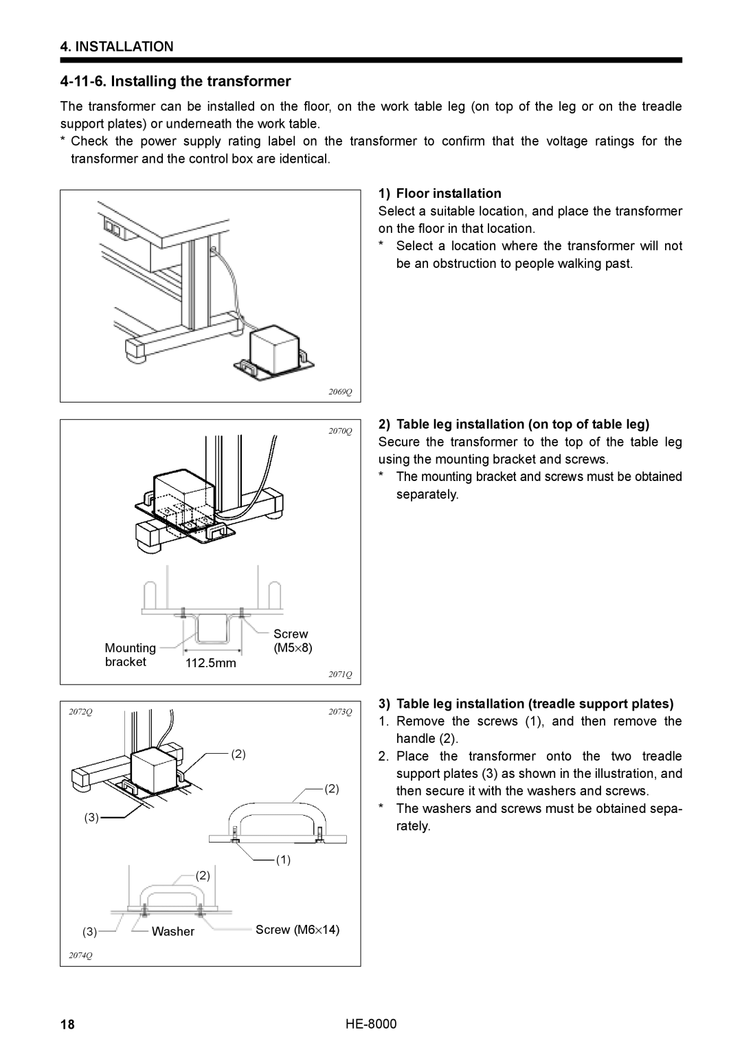 Motorola HE-8000 I Installing the transformer, Floor installation, Table leg installation treadle support plates 