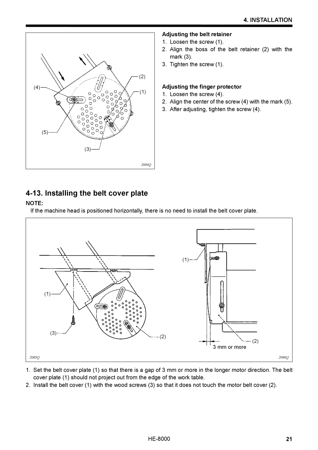 Motorola HE-8000 I, LH4-B800E Installing the belt cover plate, Adjusting the belt retainer, Adjusting the finger protector 