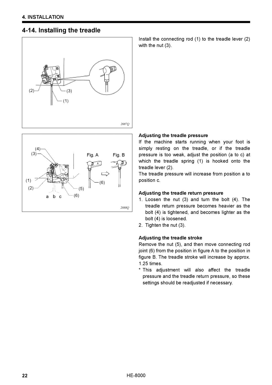 Motorola HE-8000, LH4-B800E Installing the treadle, Adjusting the treadle pressure, Adjusting the treadle return pressure 