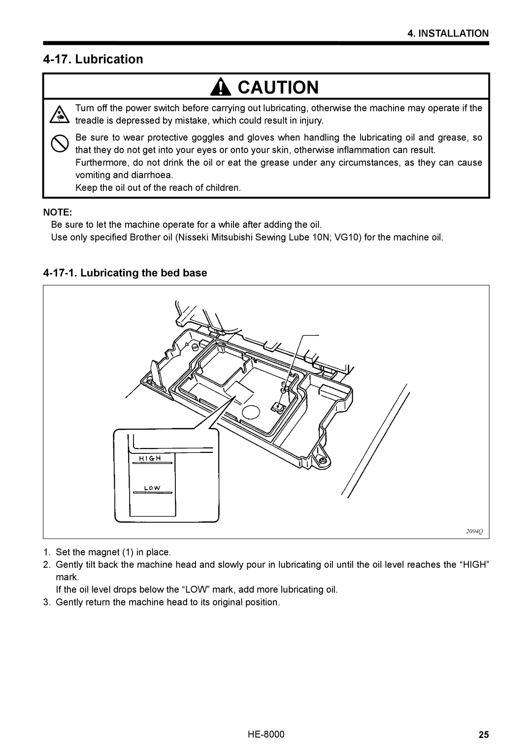 Motorola LH4-B800E, HE-8000 I instruction manual Lubrication, Lubricating the bed base 