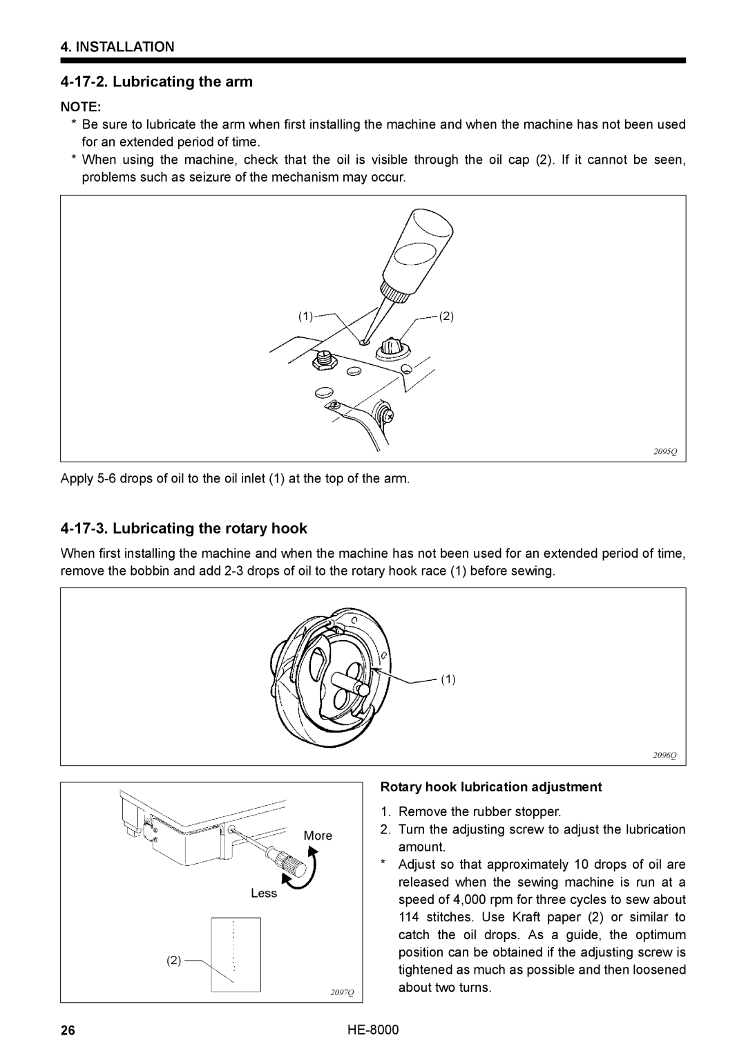 Motorola LH4-B800E, HE-8000 I Lubricating the arm, Lubricating the rotary hook, Rotary hook lubrication adjustment 