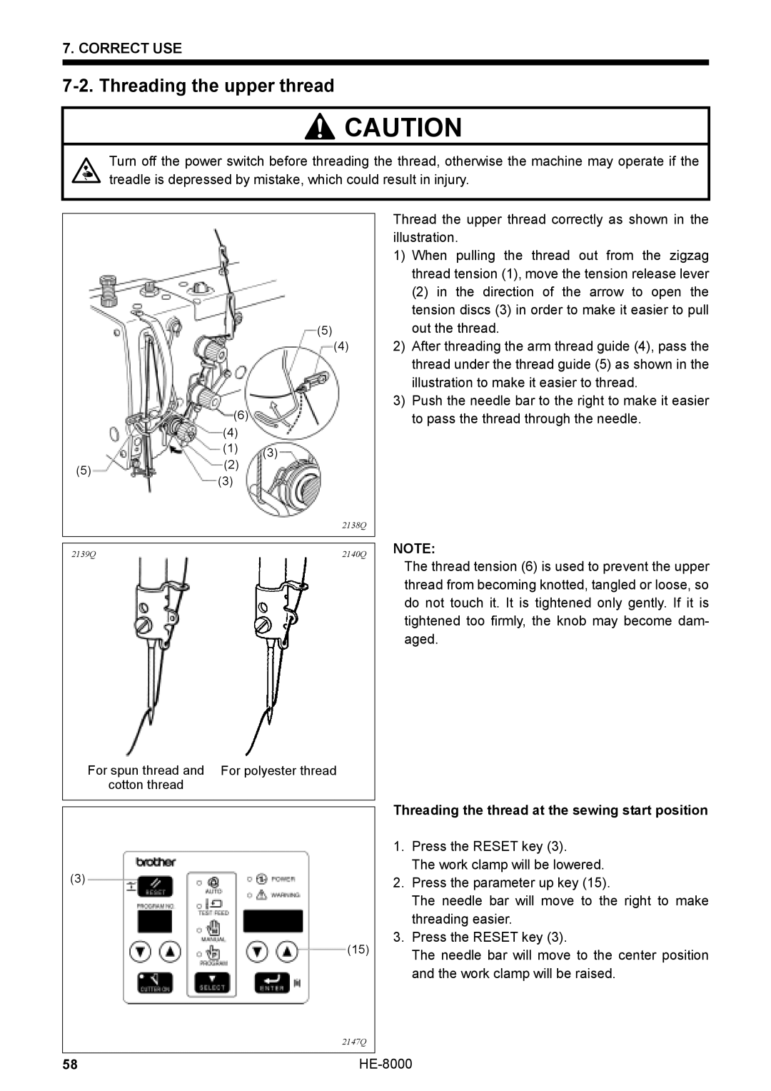 Motorola LH4-B800E, HE-8000 I Threading the upper thread, Threading the thread at the sewing start position 