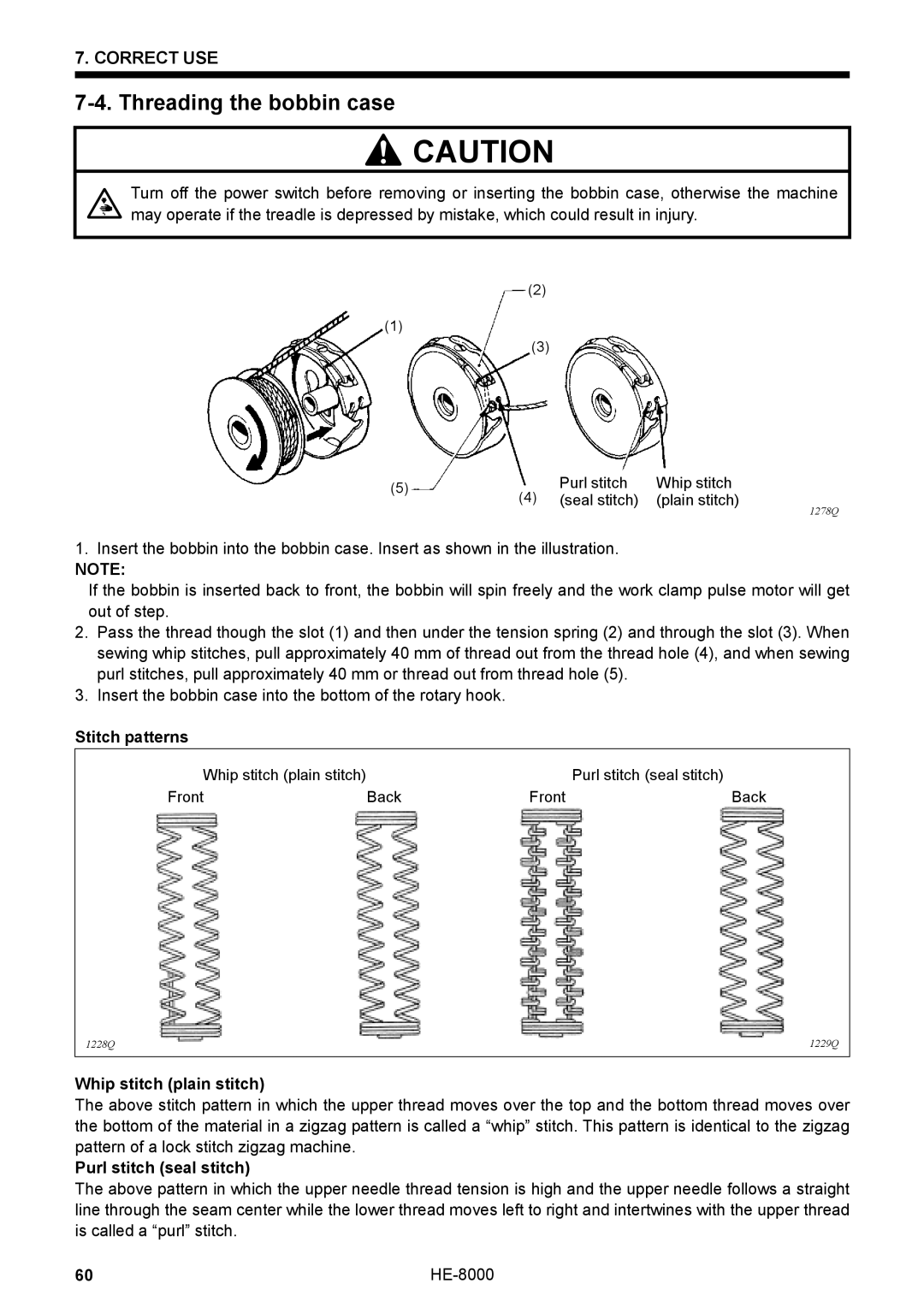 Motorola HE-8000 I Threading the bobbin case, Stitch patterns, Whip stitch plain stitch, Purl stitch seal stitch 