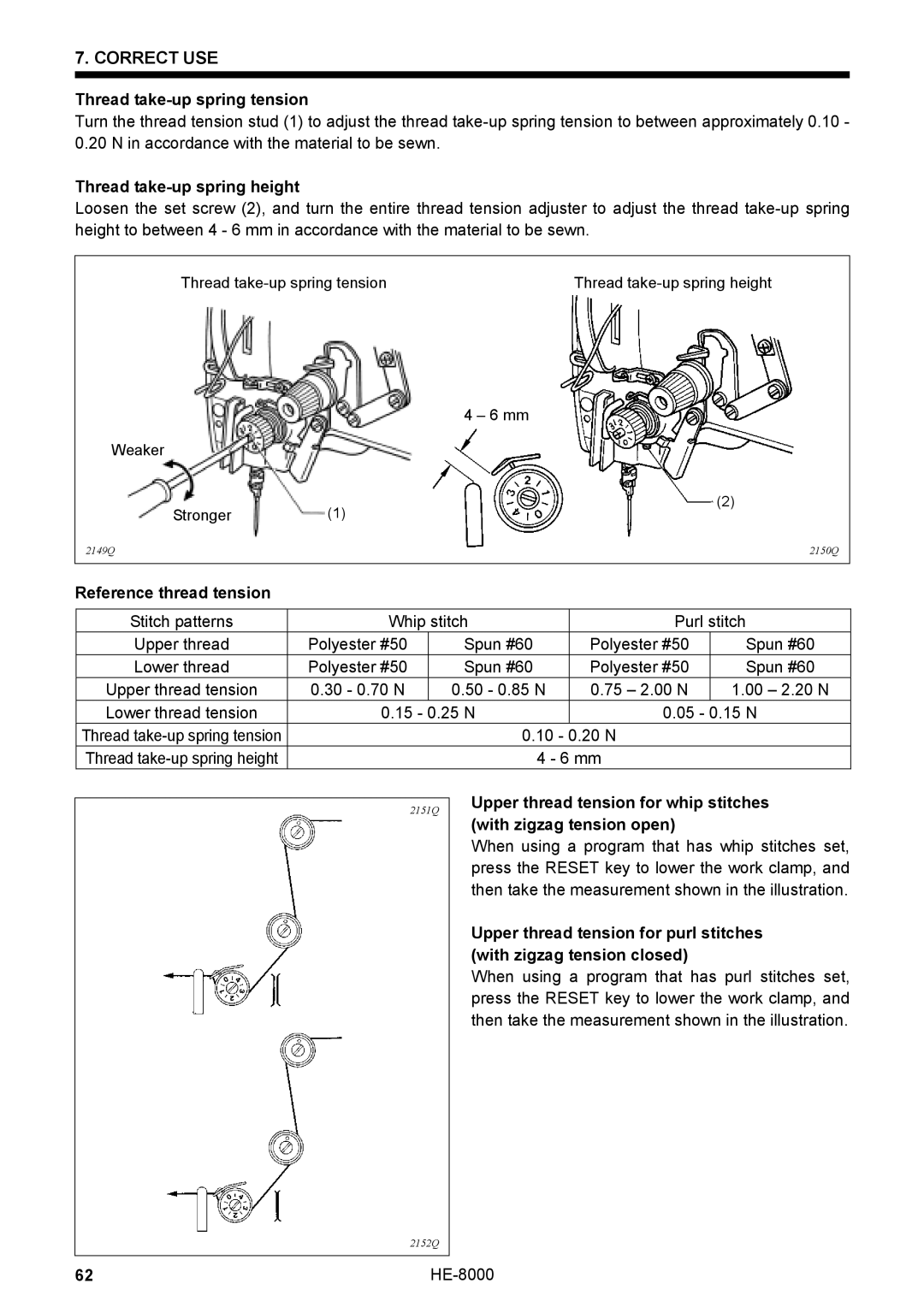 Motorola LH4-B800E, HE-8000 I Thread take-up spring tension, Thread take-up spring height, Reference thread tension 