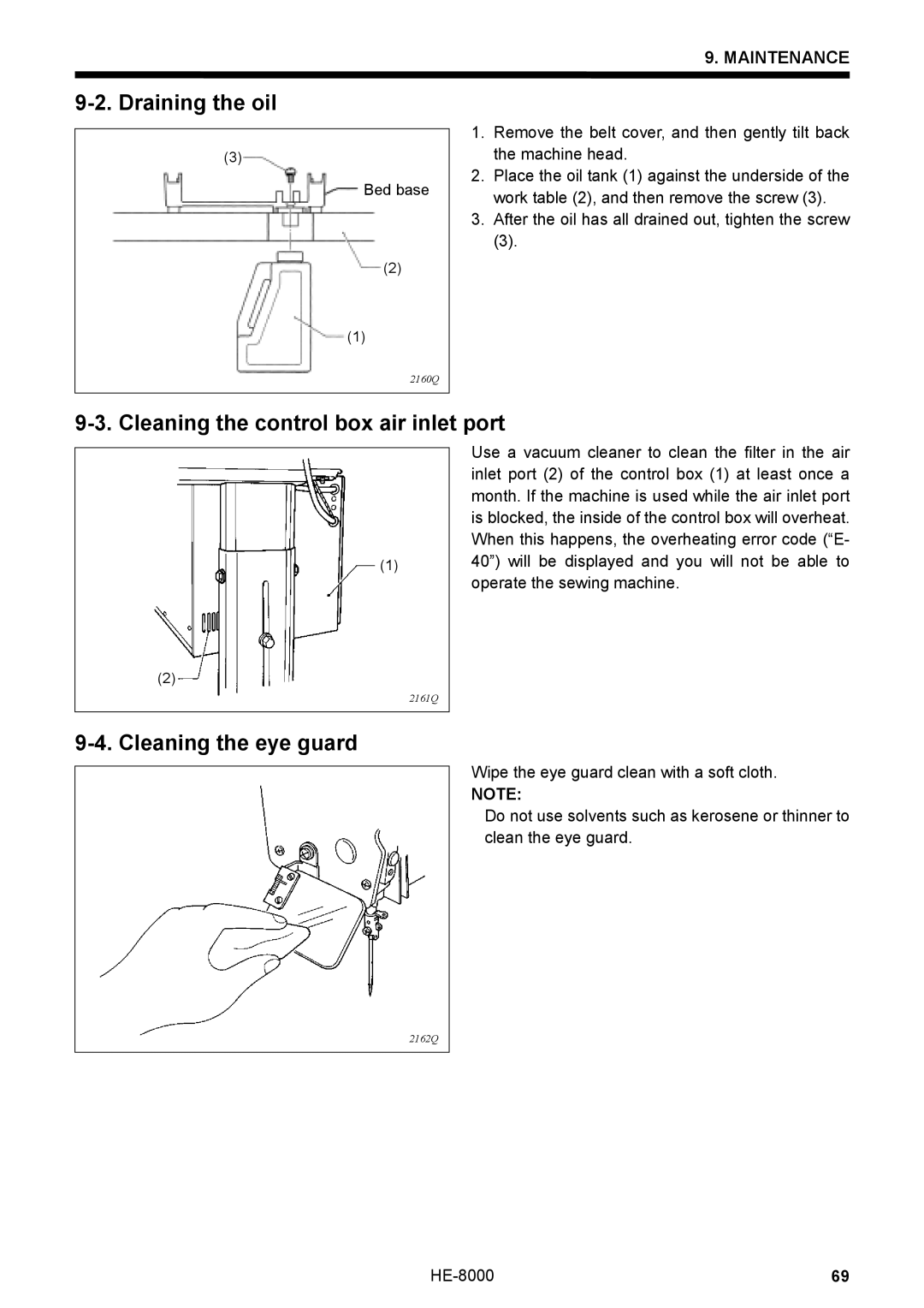 Motorola HE-8000 I, LH4-B800E Draining the oil, Cleaning the control box air inlet port, Cleaning the eye guard 