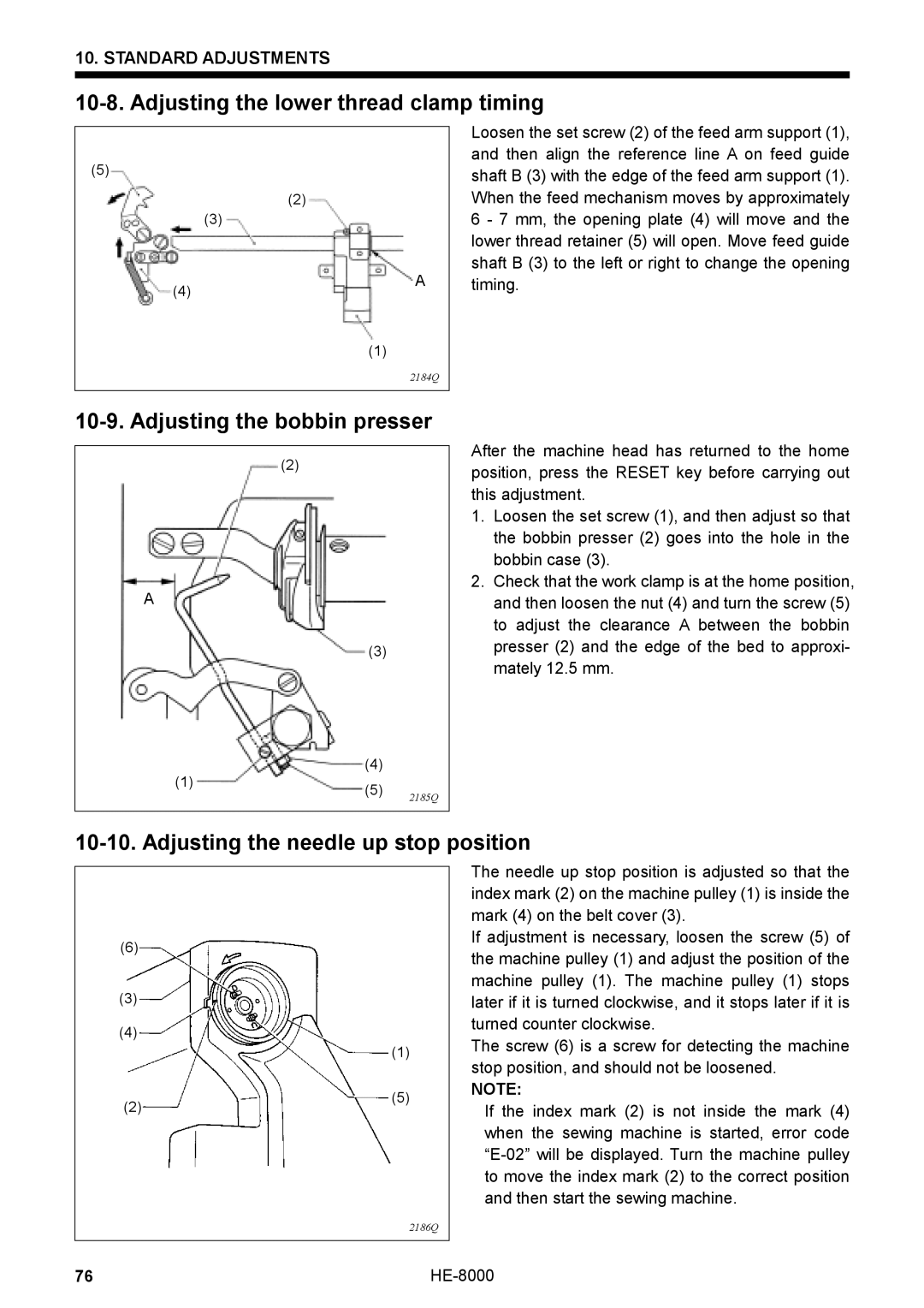 Motorola LH4-B800E, HE-8000 I instruction manual Adjusting the lower thread clamp timing, Adjusting the bobbin presser 