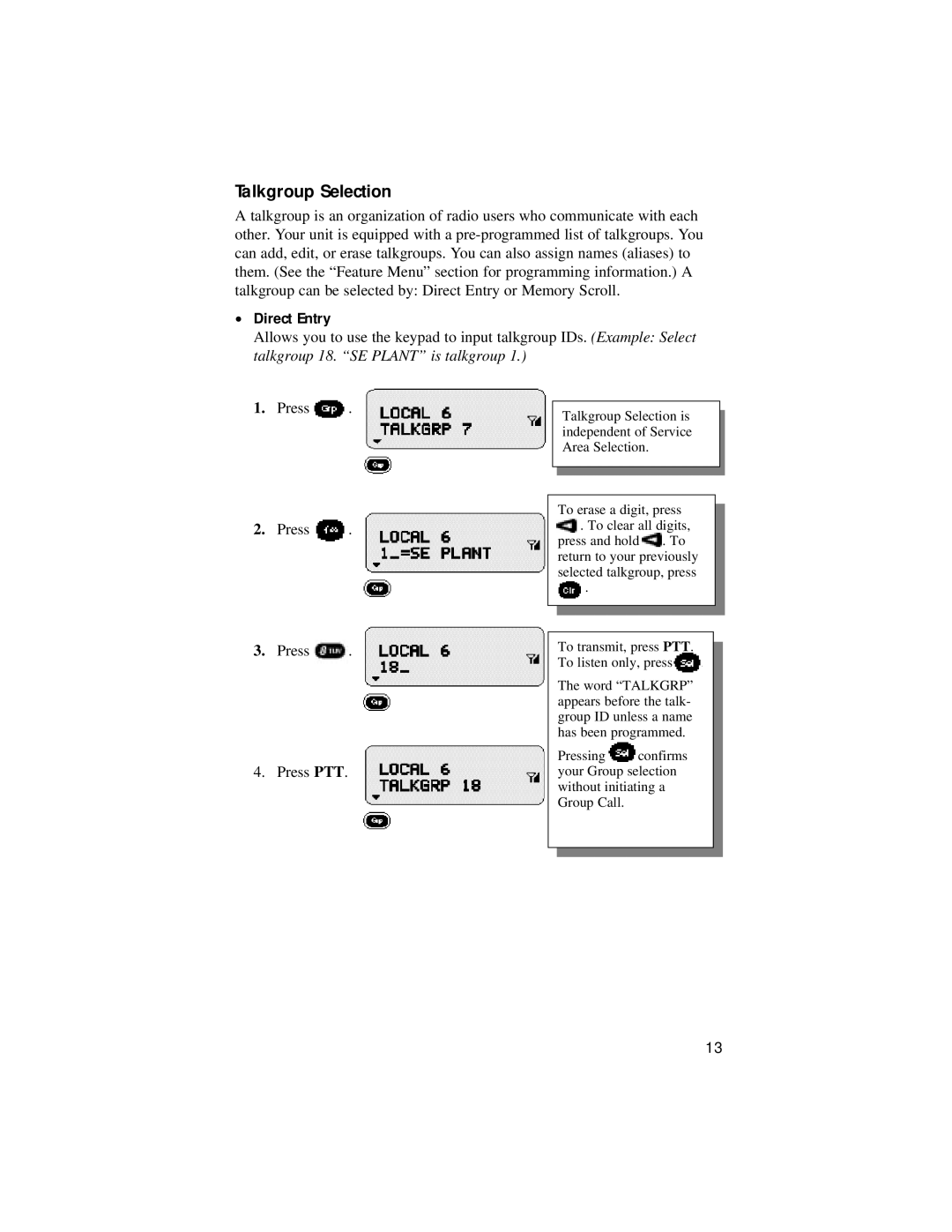 Motorola LM 3000E manual Talkgroup Selection, Direct Entry 