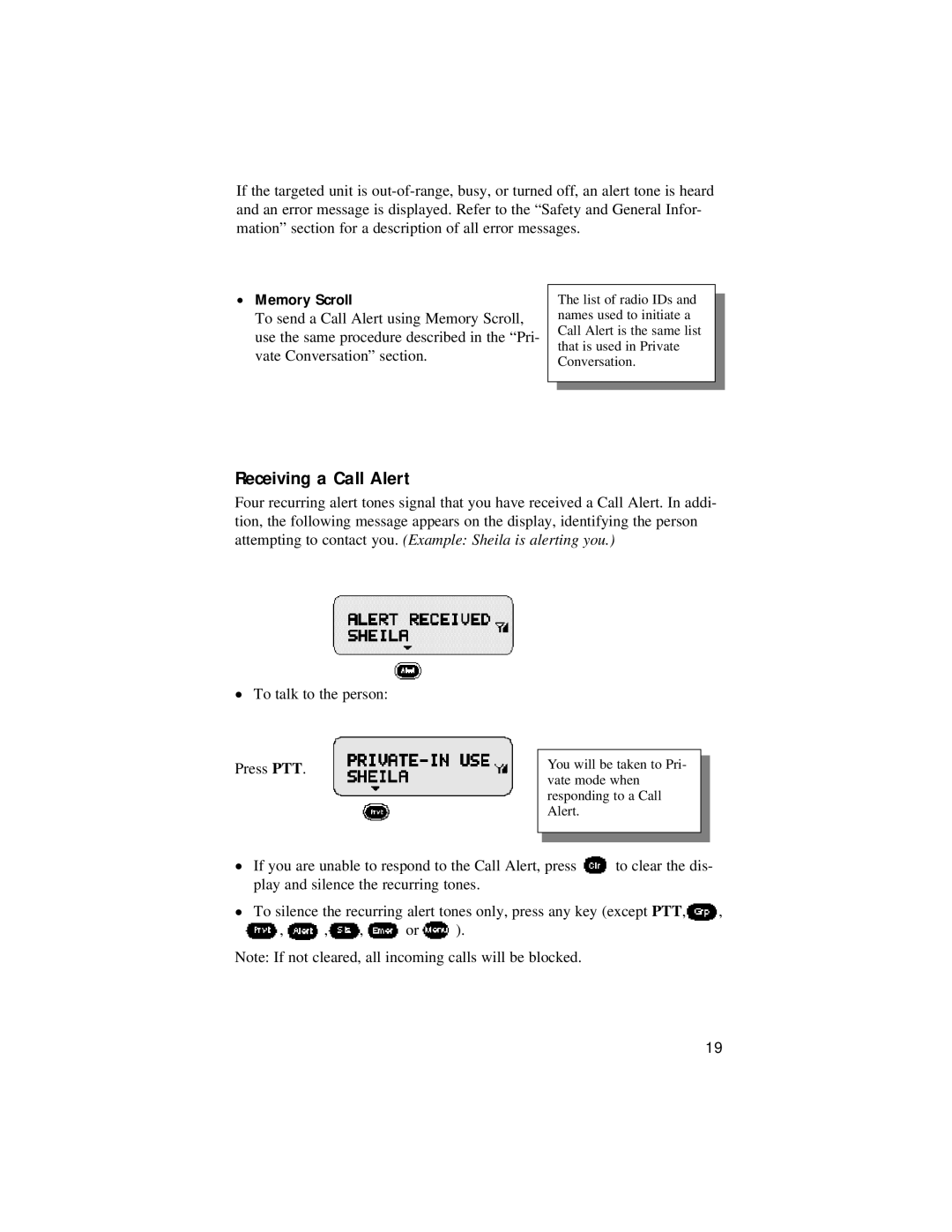 Motorola LM 3000E manual Receiving a Call Alert, Memory Scroll 