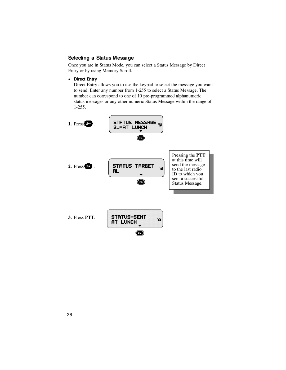 Motorola LM 3000E manual Selecting a Status Message, Direct Entry 