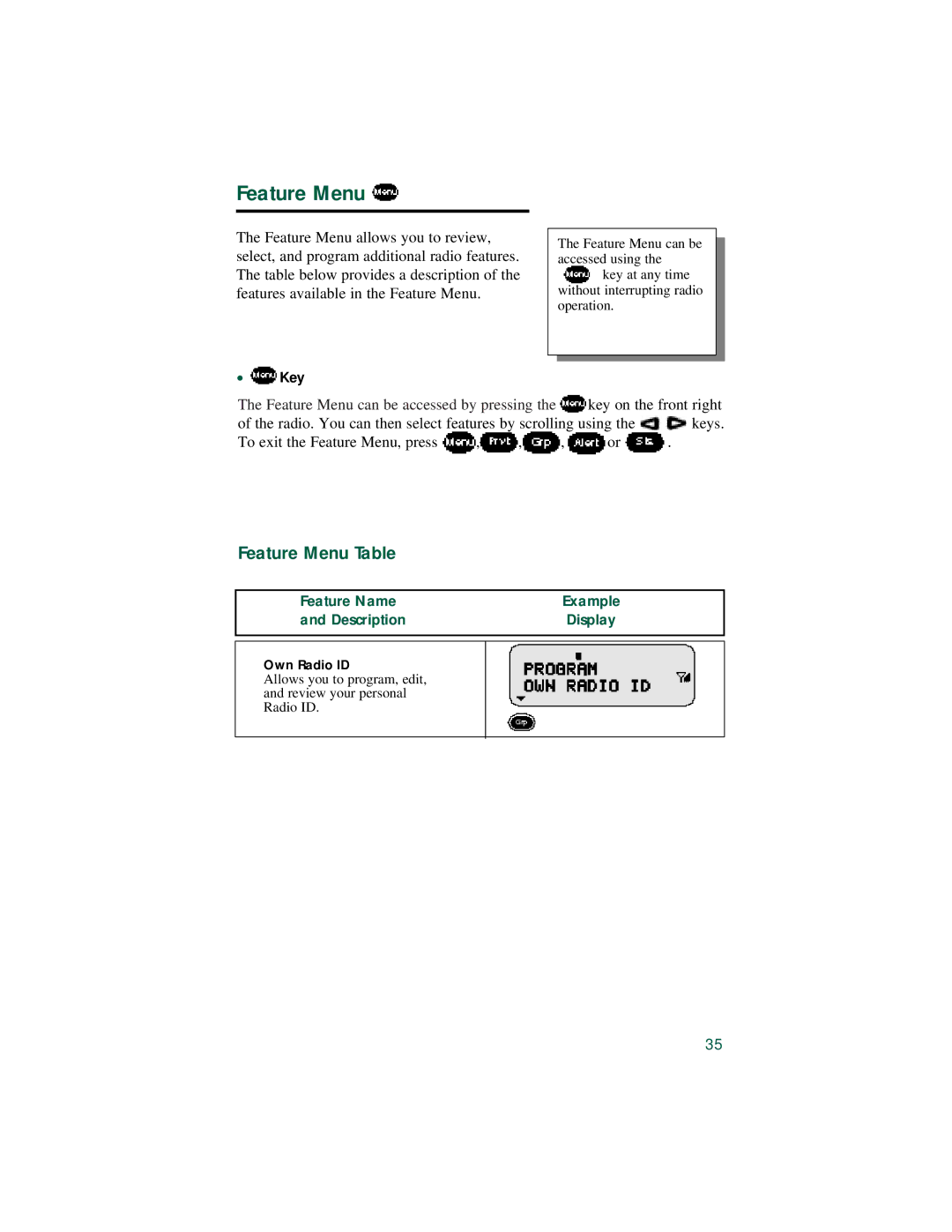 Motorola LM 3000E manual Feature Menu Table, Key 