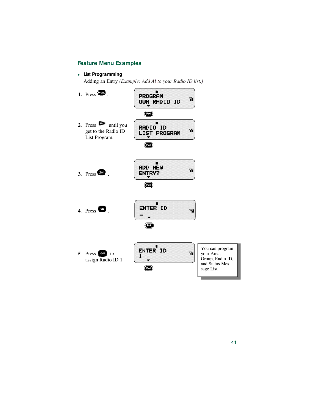 Motorola LM 3000E manual Feature Menu Examples, List Programming 