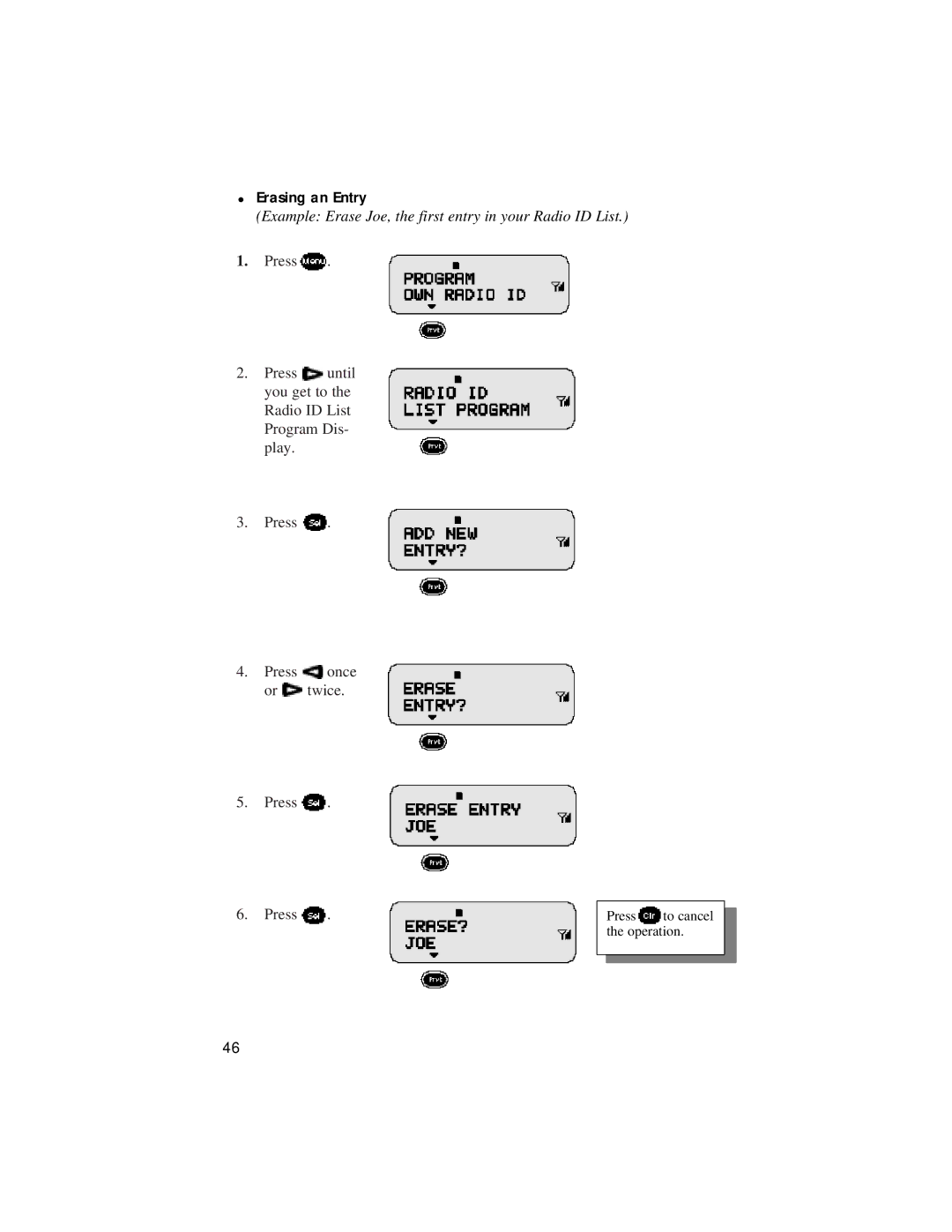 Motorola LM 3000E manual Erasing an Entry, Example Erase Joe, the first entry in your Radio ID List 