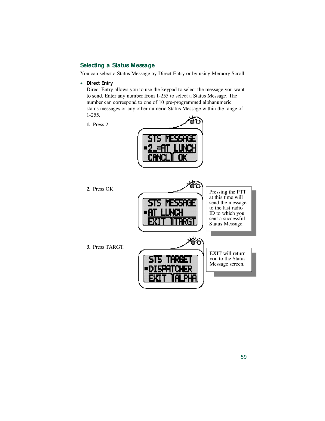 Motorola LM 3000E manual Selecting a Status Message, Direct Entry 