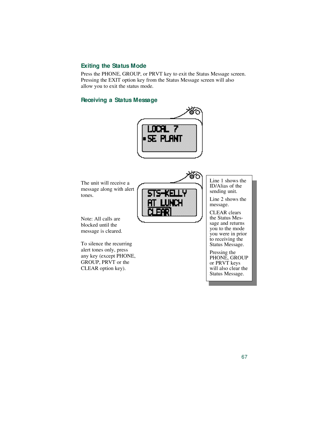 Motorola LM 3000E manual Exiting the Status Mode, Receiving a Status Message 