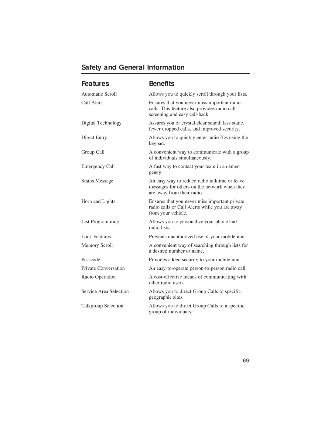 Motorola LM 3000E manual Safety and General Information Features Benefits 