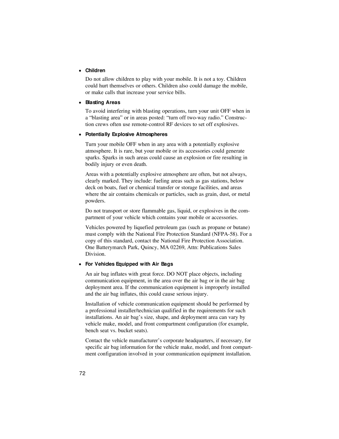 Motorola LM 3000E manual Children, Blasting Areas, Potentially Explosive Atmospheres, For Vehicles Equipped with Air Bags 